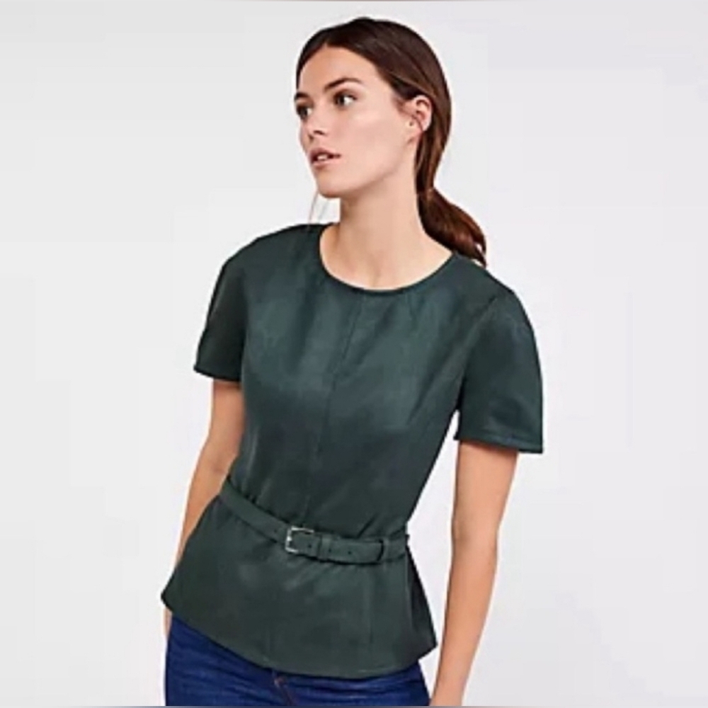 Ann Taylor Green Suede Feel Short Sleeve Fitted Top With Belt Size Small Petite